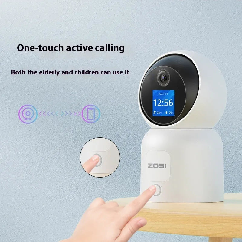 Zhou Shi indoor wireless wifi security camera with large screen, plastic shell, and screw-fixed bracket.