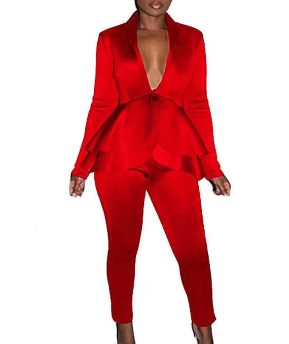 Women's business casual uniform set with ruffled top and pencil pants in eight colour options