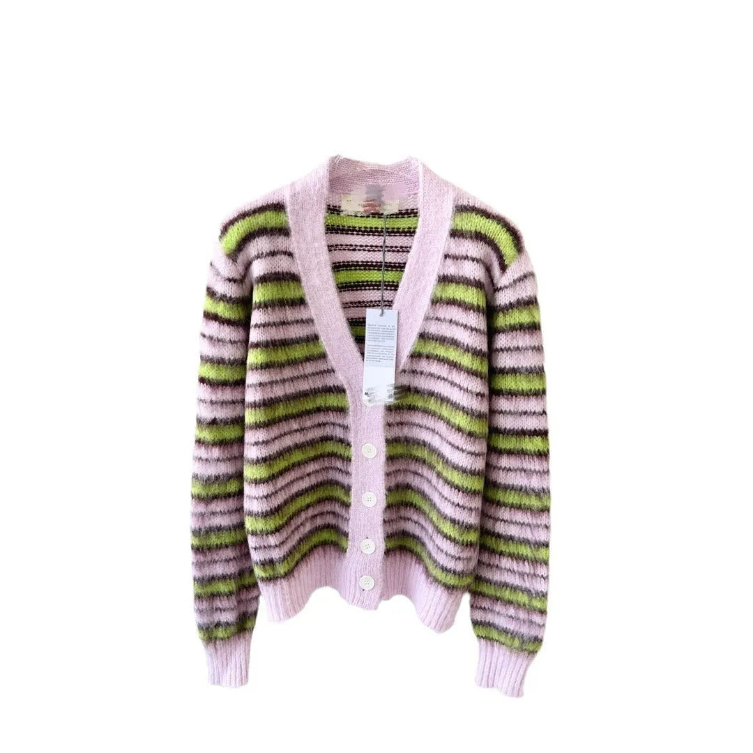 Pink Haima wool cardigan with nap finish and contrast colour detailing.