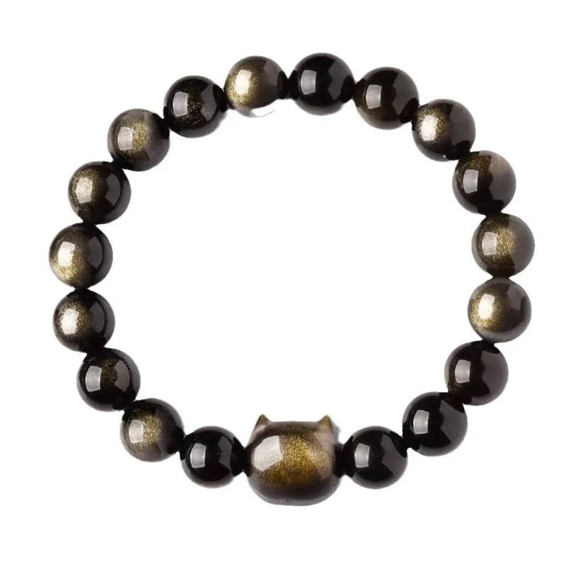 Natural obsidian cat head bracelet with polished round beads, silver style, 8mm size