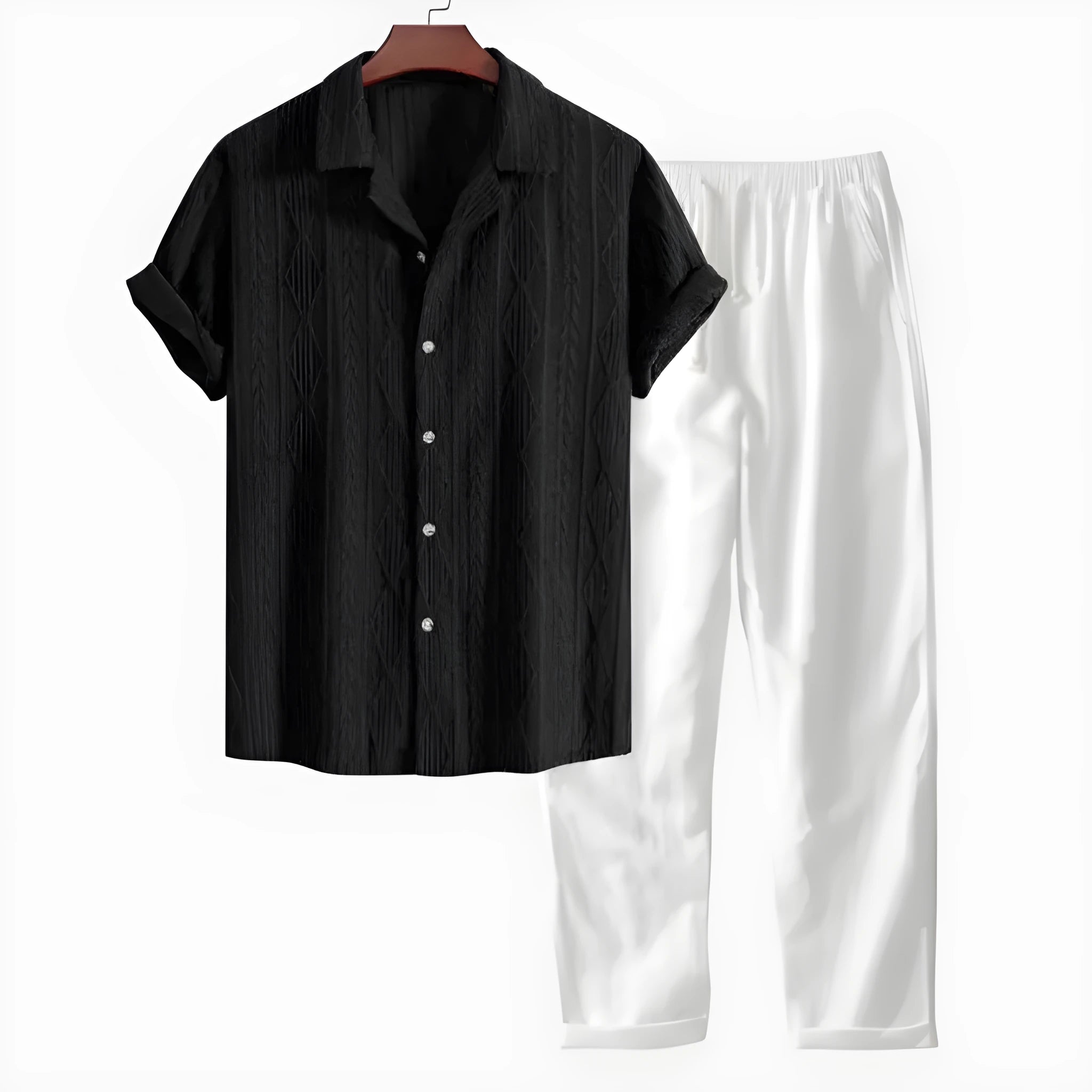 Men's slim fit camouflage print shirt and trousers casual suit with short sleeves