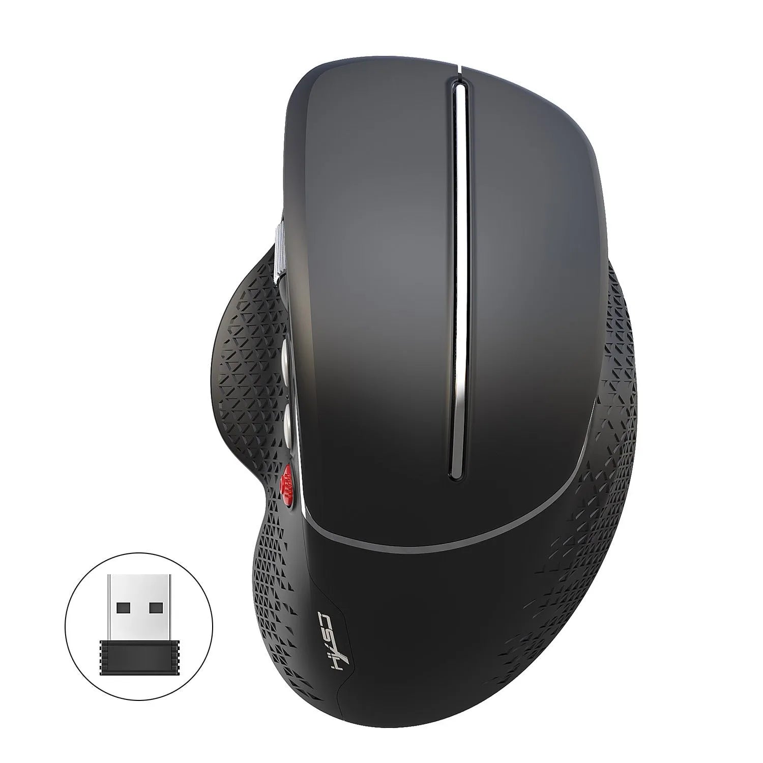 T32 black and silver wireless vertical ergonomic mouse with side aluminium roller.