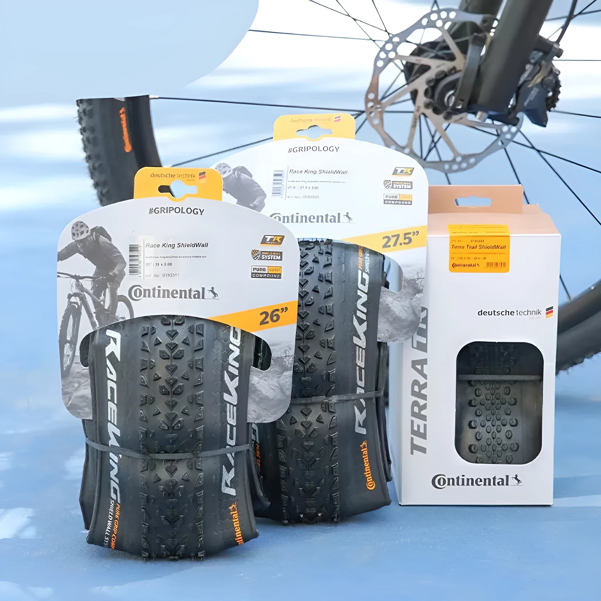 Mountain bike folding outer tyre in yellow and white sidewall options for 26, 27.5, and 29 inch wheels.