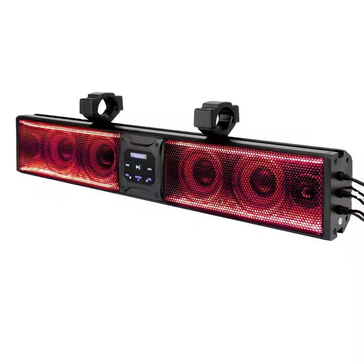 Portable Bluetooth speaker soundbar for beach cars and golf carts in plastic housing.