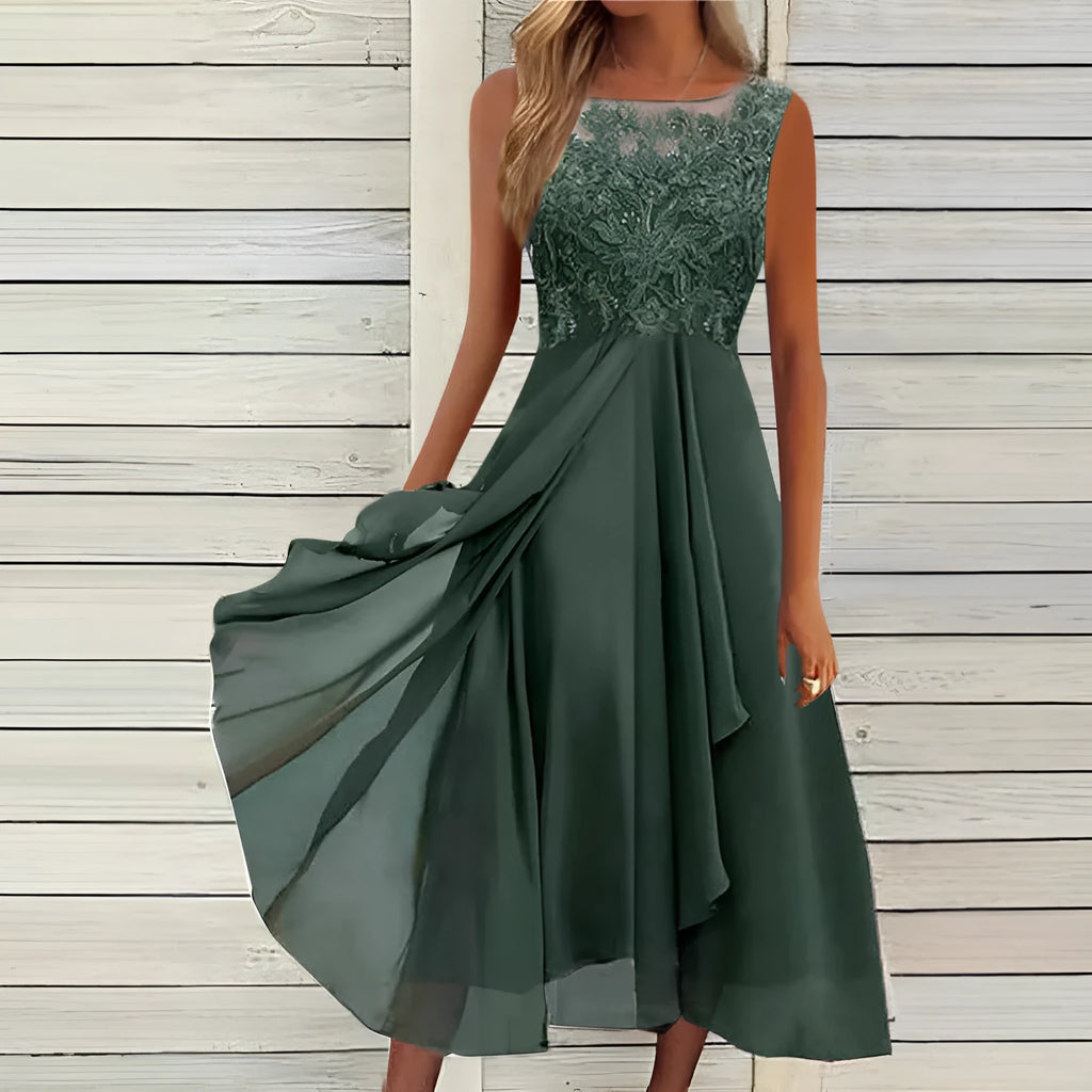 Women's sleeveless blue chiffon dress with hollow-out lace detail, mid-length princess style.