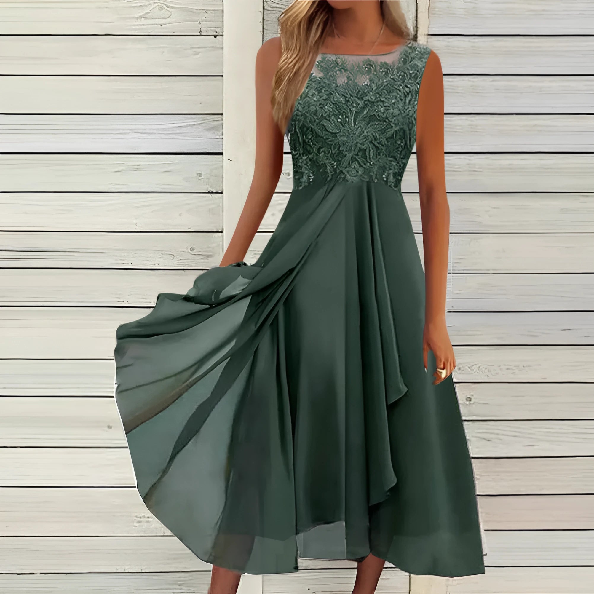 Women's sleeveless blue chiffon dress with hollow-out lace detail, mid-length princess style.