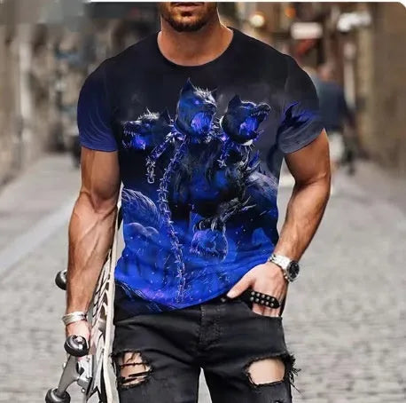 Men's black T-shirt with 3D lion print design, polyester fabric, available sizes XXS to 6XL