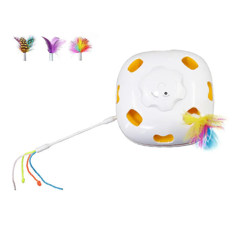 Plastic self-hi relief cat toy with teaser attachment measuring 19.8 by 11.5 by 19.5 centimetres