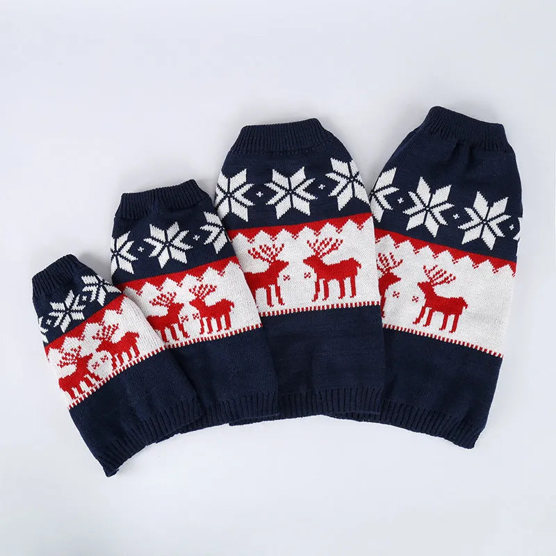 Navy blue Christmas dog knitted sweater with reindeer and star patterns, ribbed collar and hem