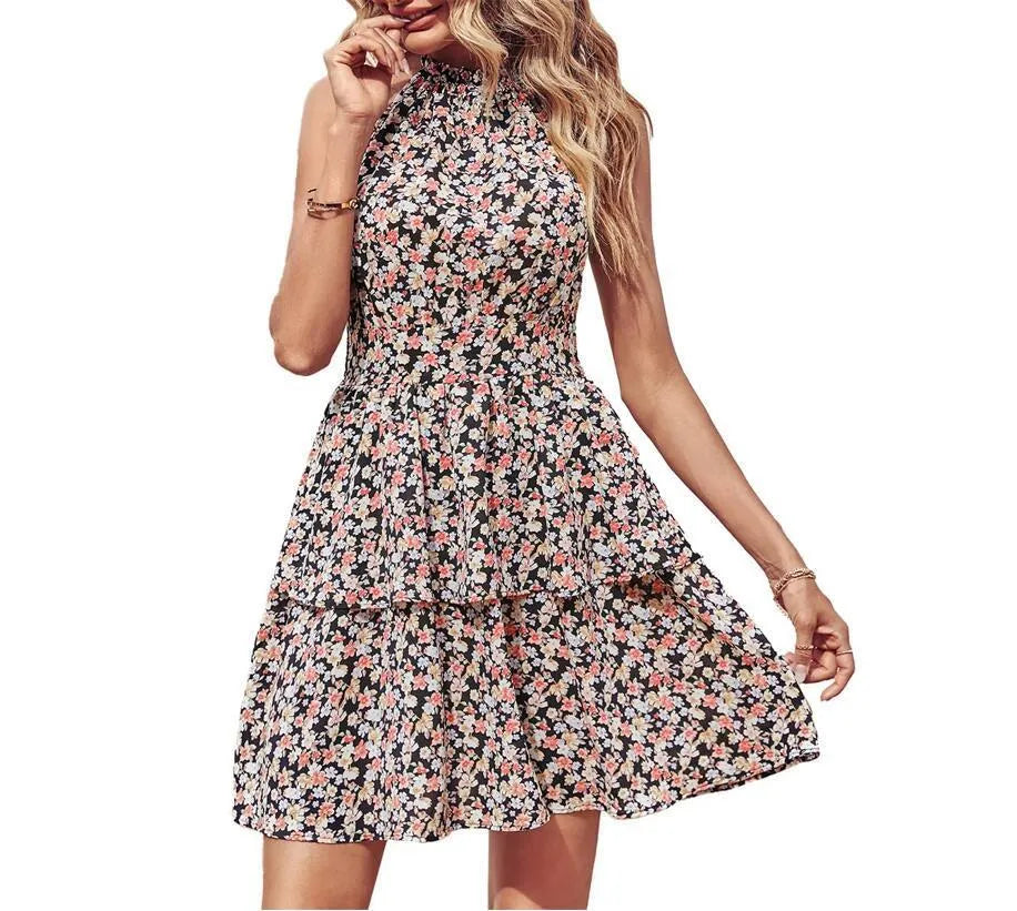 Women's summer printed halter dress with backless design and ruffled A-line silhouette