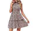 Women's summer printed halter dress with backless design and ruffled A-line silhouette