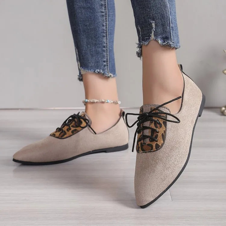 Beige leopard print pointed toe pumps for women in plus sizes with artificial PU leather upper and rubber sole