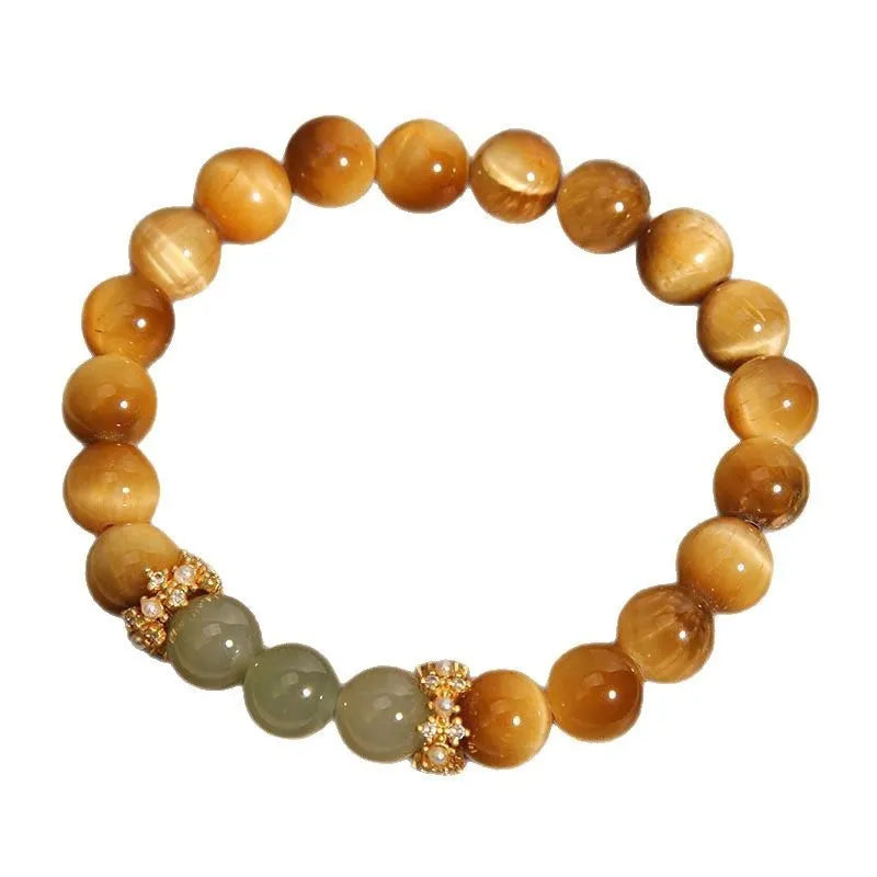 Natural yellow Tiger's Eye Hetian Jade bracelet with symbolic Chinese patterns in U-shaped design