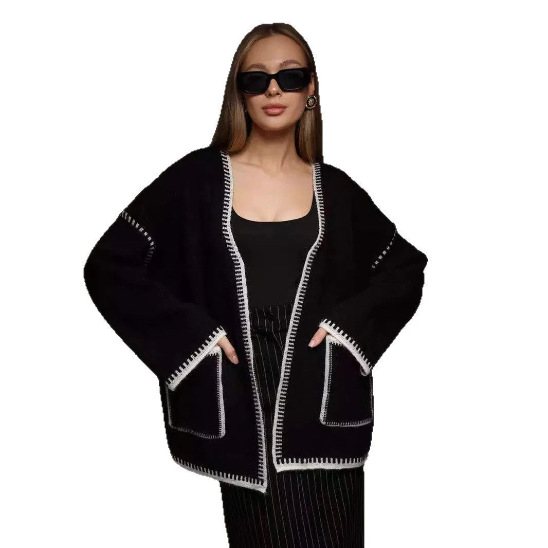 Loose fit knitted cardigan in imitation cashmere fabric, available in black, camel or white colour
