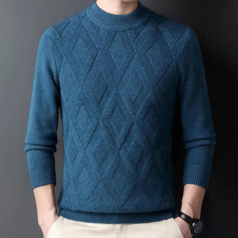 Men's thick diamond jacquard winter sweater in light camel colour, showing textured pattern