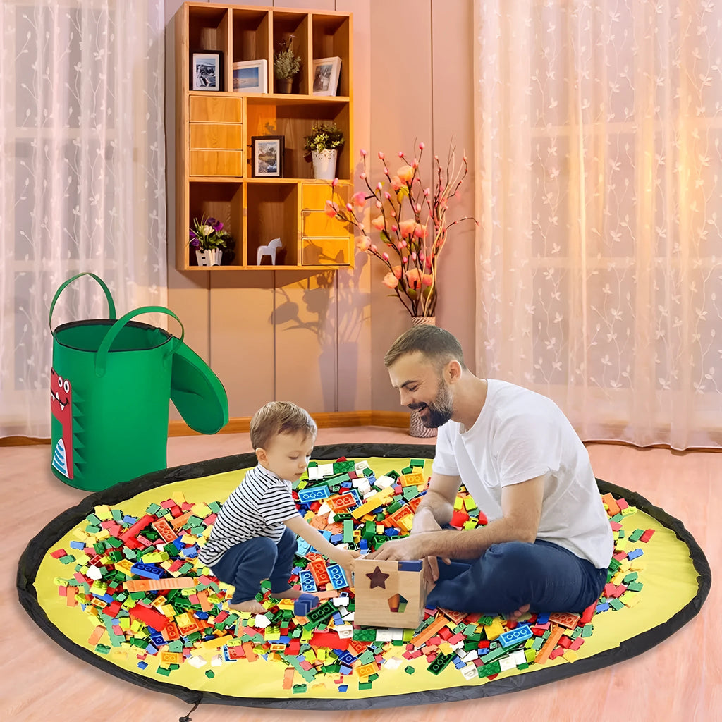 Green felt cube storage bag open as a play mat next to toys, showing pull rope closure