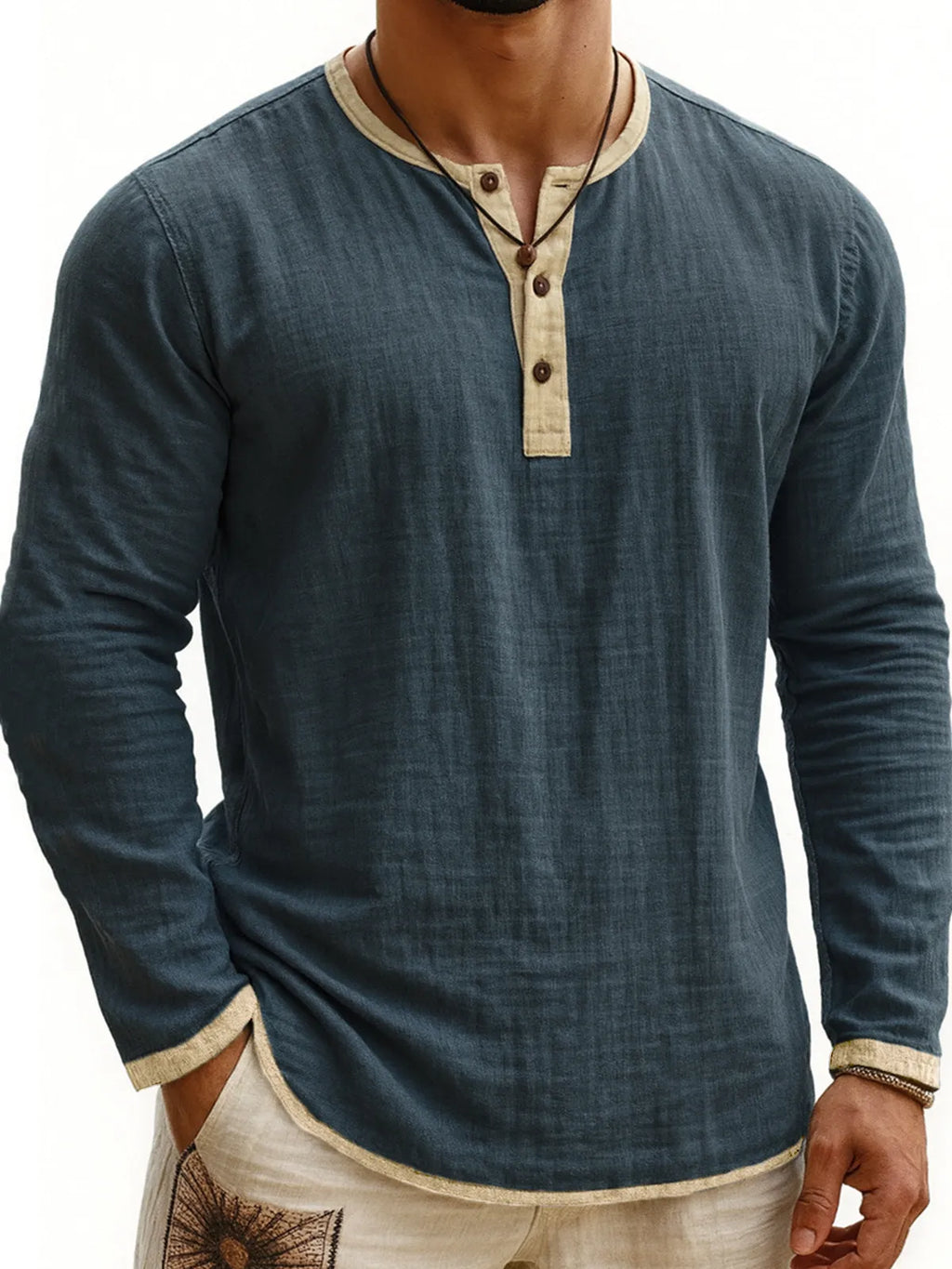 Men's digital printing two-tone 3-button Henley shirt, long sleeve, slim fit polyester casual top in youth style