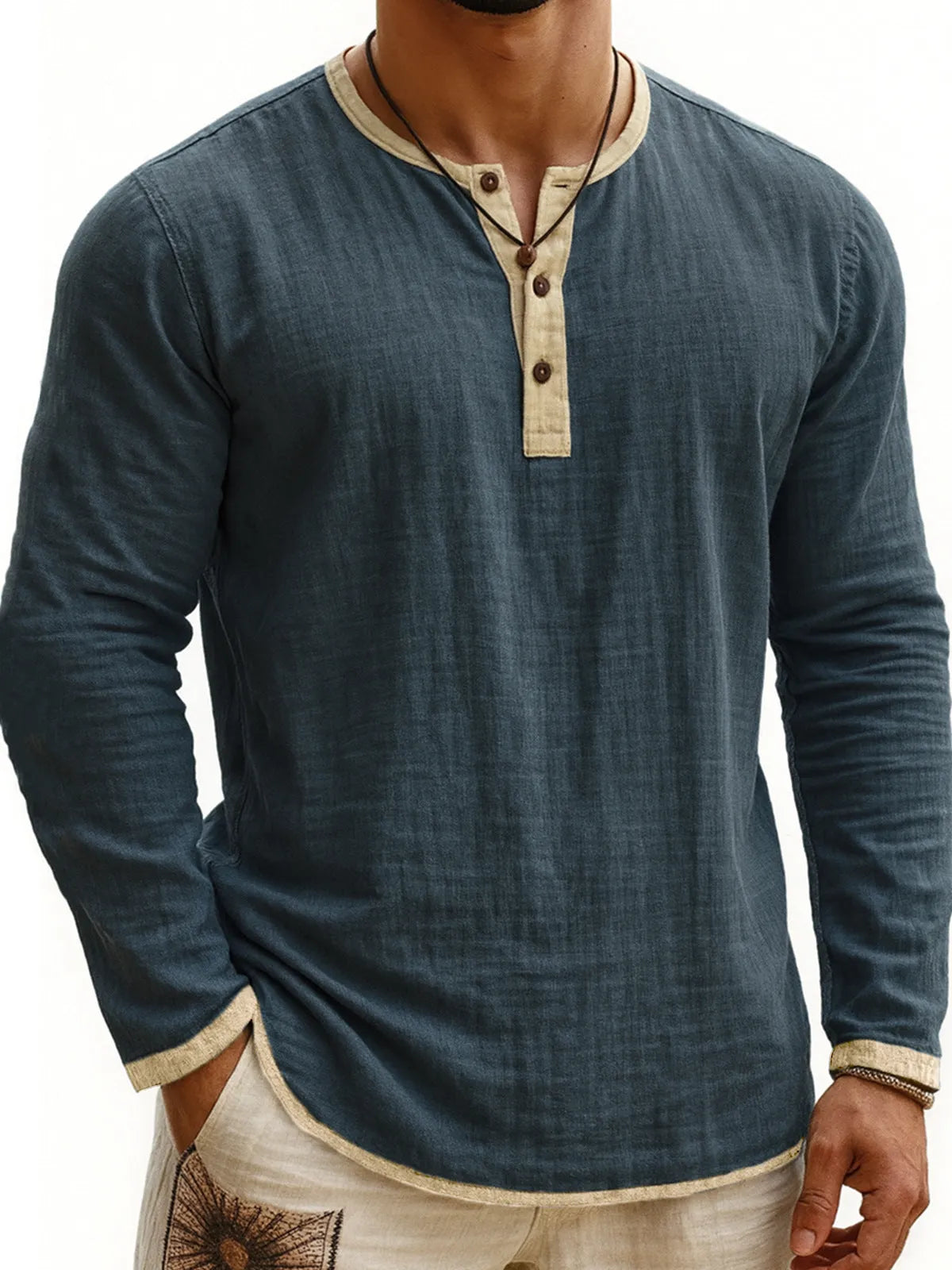 Men's digital printing two-tone 3-button Henley shirt, long sleeve, slim fit polyester casual top in youth style
