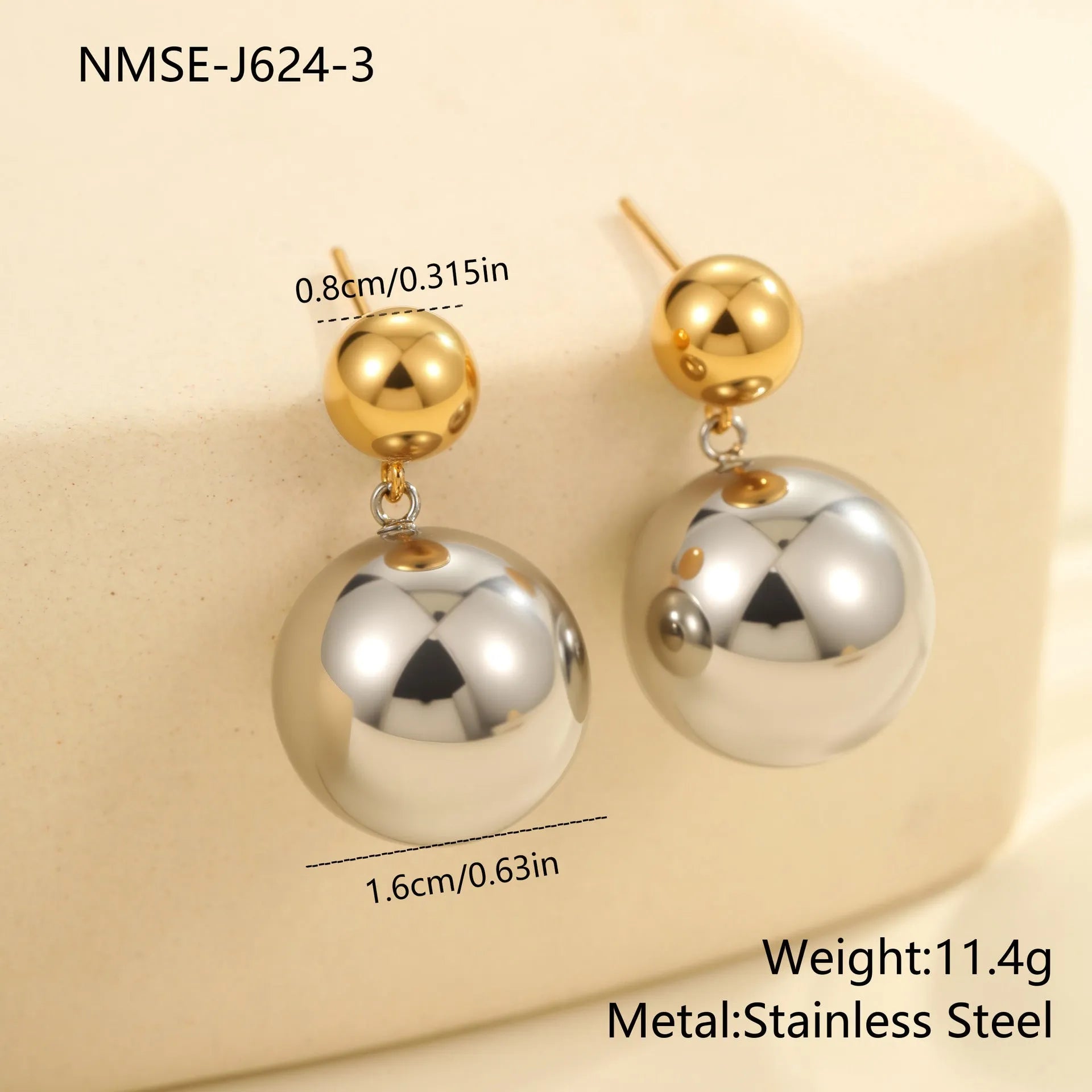 Women's stainless steel colour-block ear studs with round bead geometric design