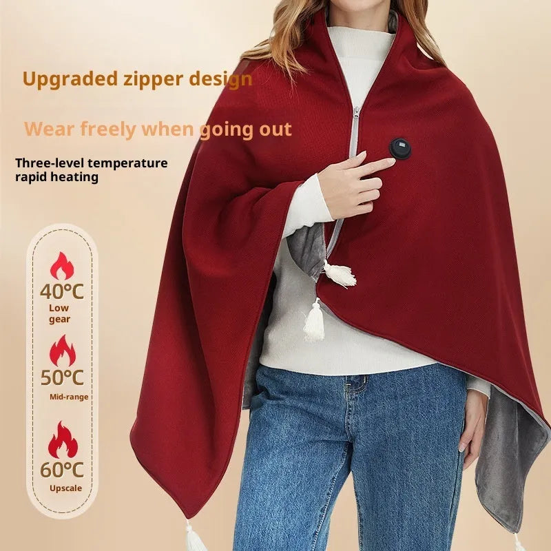 Solid-colour polyester shawl warm blanket with mobile power bank in green, red, and beige colour options