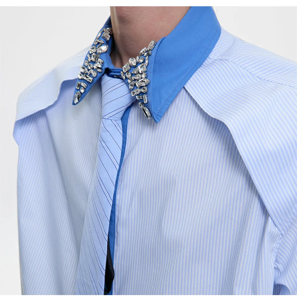 Men's loose fit blue diamond tie patchwork striped shirt with quilted construction and flip collar