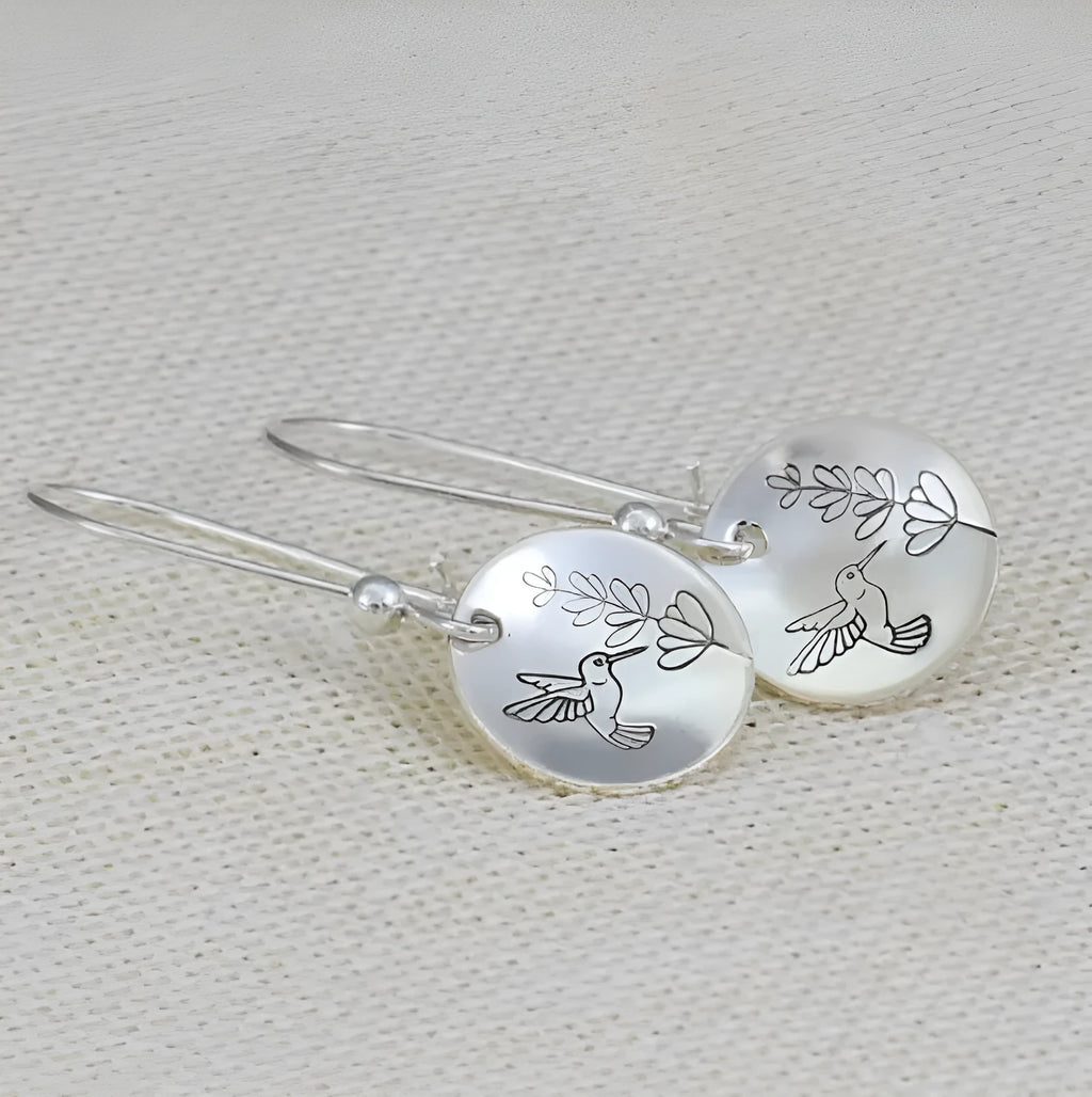 Silver retro women's earrings with bird, flower and leaf designs in glossy zinc alloy