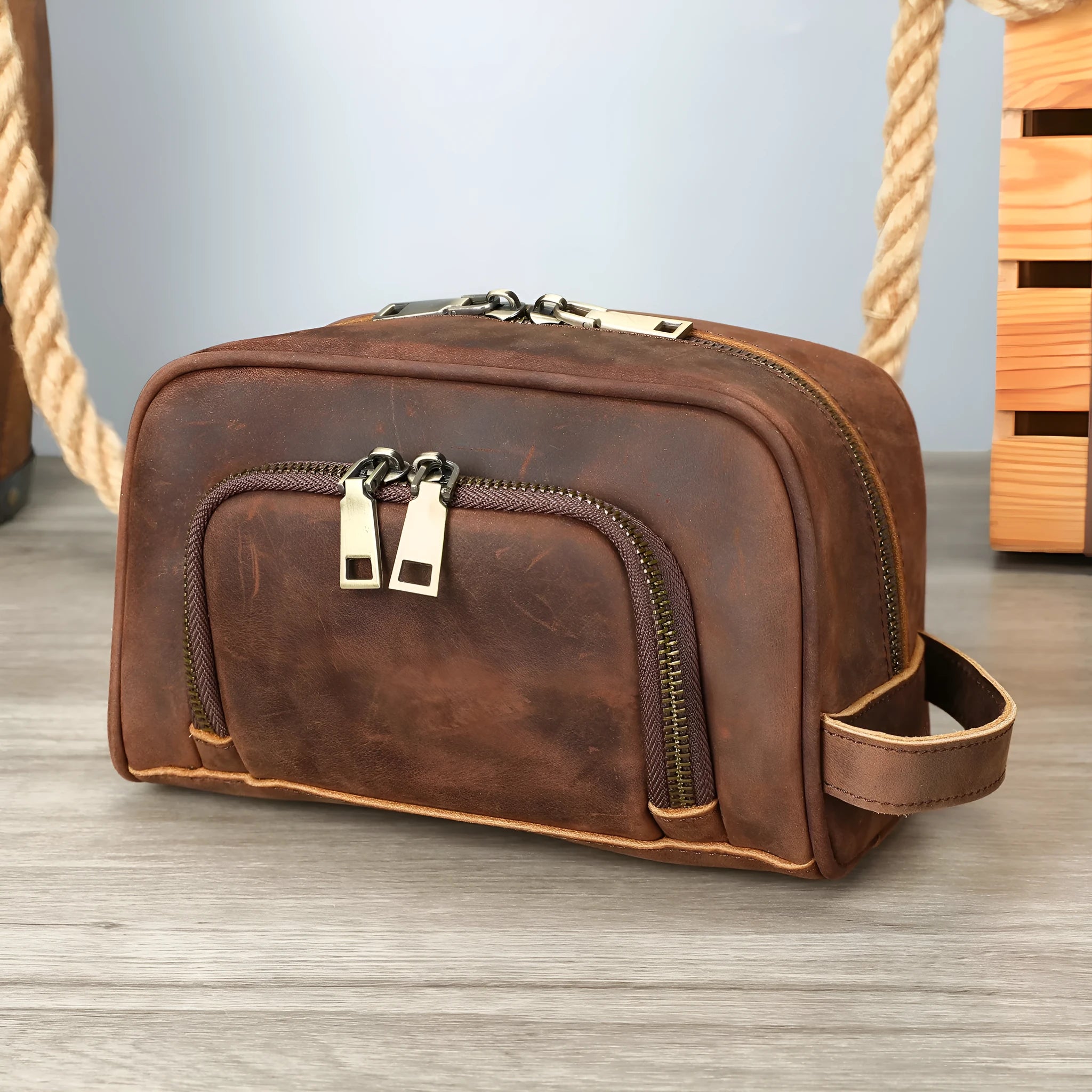 Crazy Horse leather retro neutral multifunctional handbag in coffee colour, 21x10.5x13cm, first layer cowhide