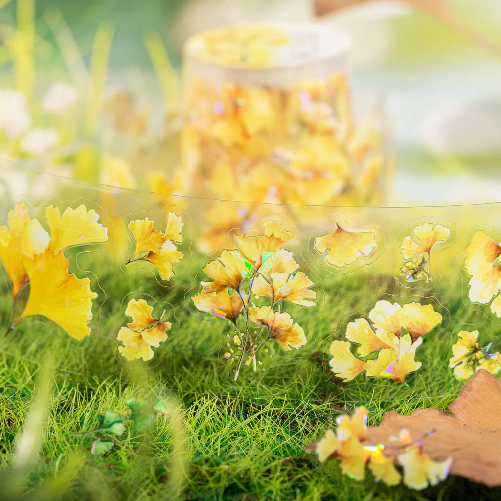 Roll of decorative PET stickers with six natural leaf patterns including ginkgo and maple designs