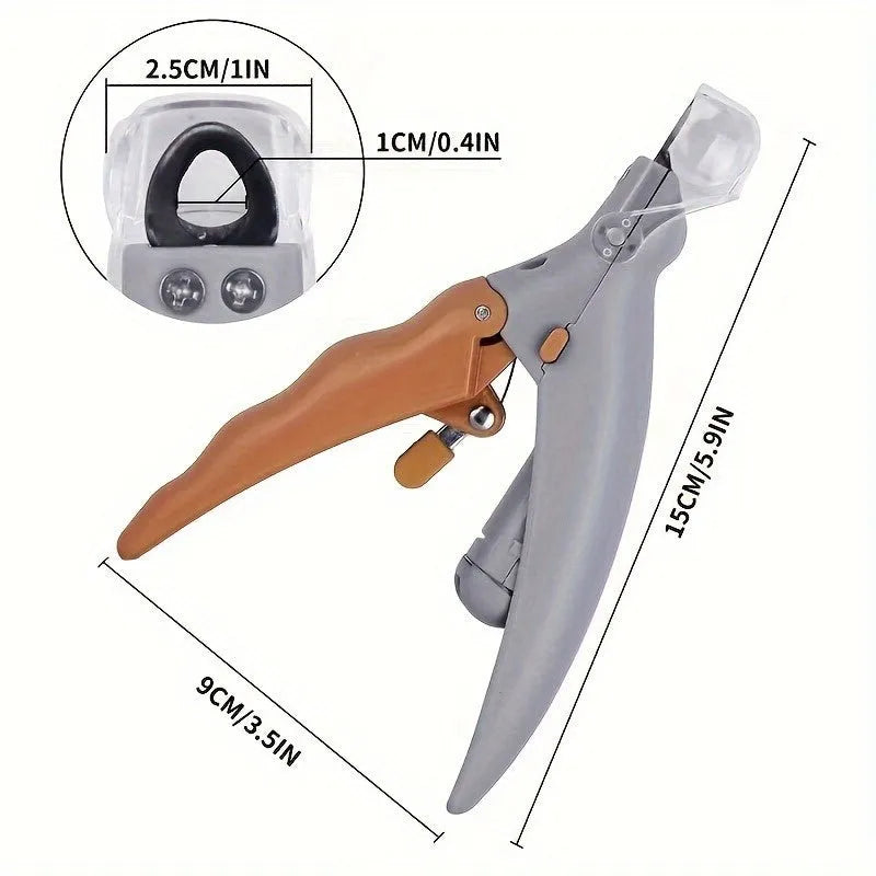 Yellow LED pet nail trimmer with magnifying glass and light on, for trimming cat and dog claws.