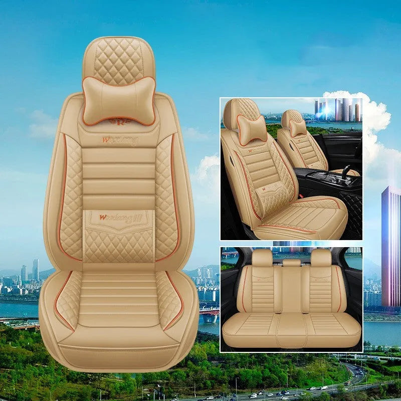 Red leather universal car seat cushion with high elastic sponge filling shown on a car seat.