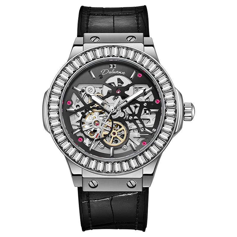 Automatic mechanical men's watch with hollow movement, diamond studs, and a 16mm thick case on a leather strap.