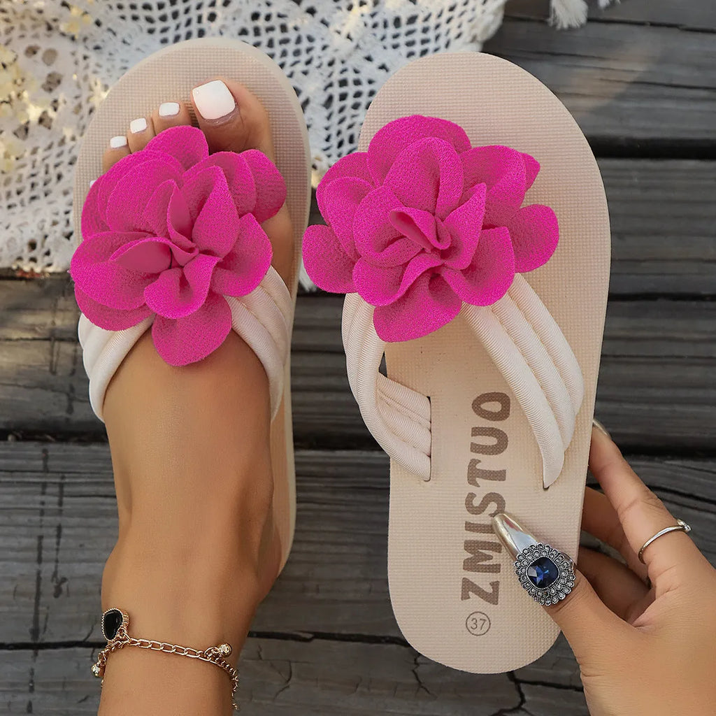 Plus size floral pattern slippers in beige, green and rose red colours with PU construction