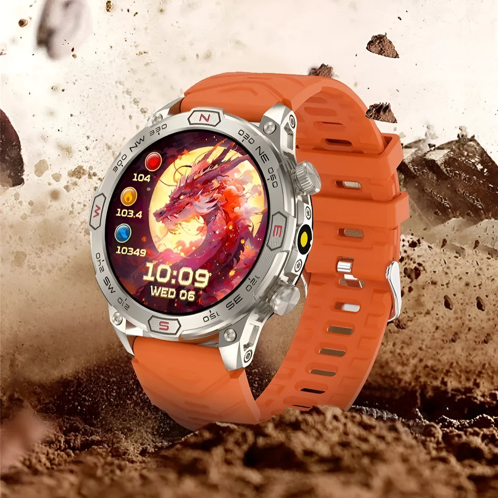Sports smartwatch with AMOLED display in black, orange, or camouflage colours showing fitness metrics