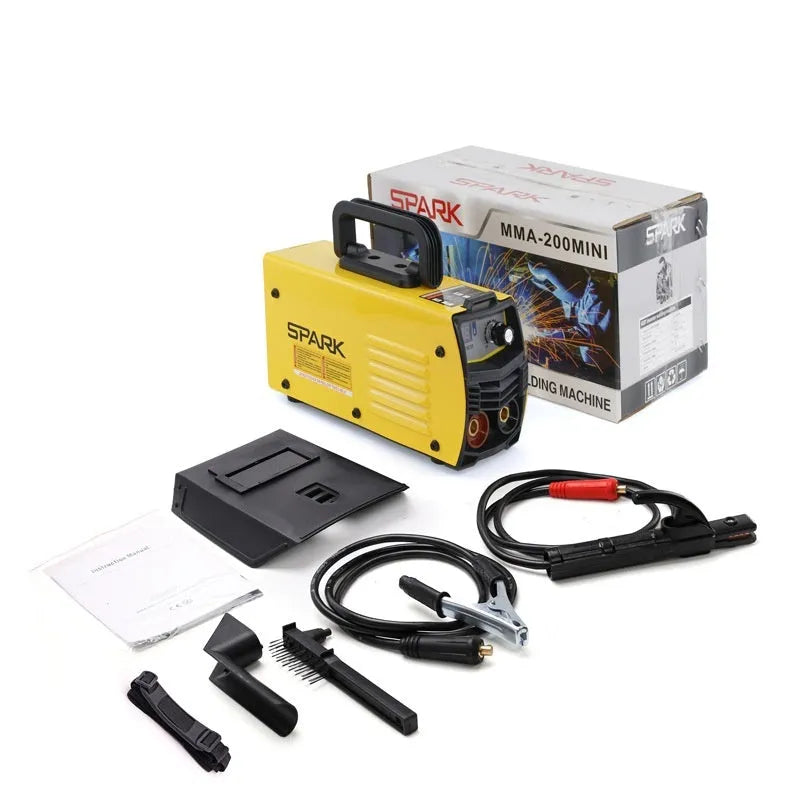 MMA-200MIN 220V DC inverter welding machine with welding tongs, ground clamp, face shield, and brush on hanger.