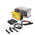 MMA-200MIN 220V DC inverter welding machine with welding tongs, ground clamp, face shield, and brush on hanger.