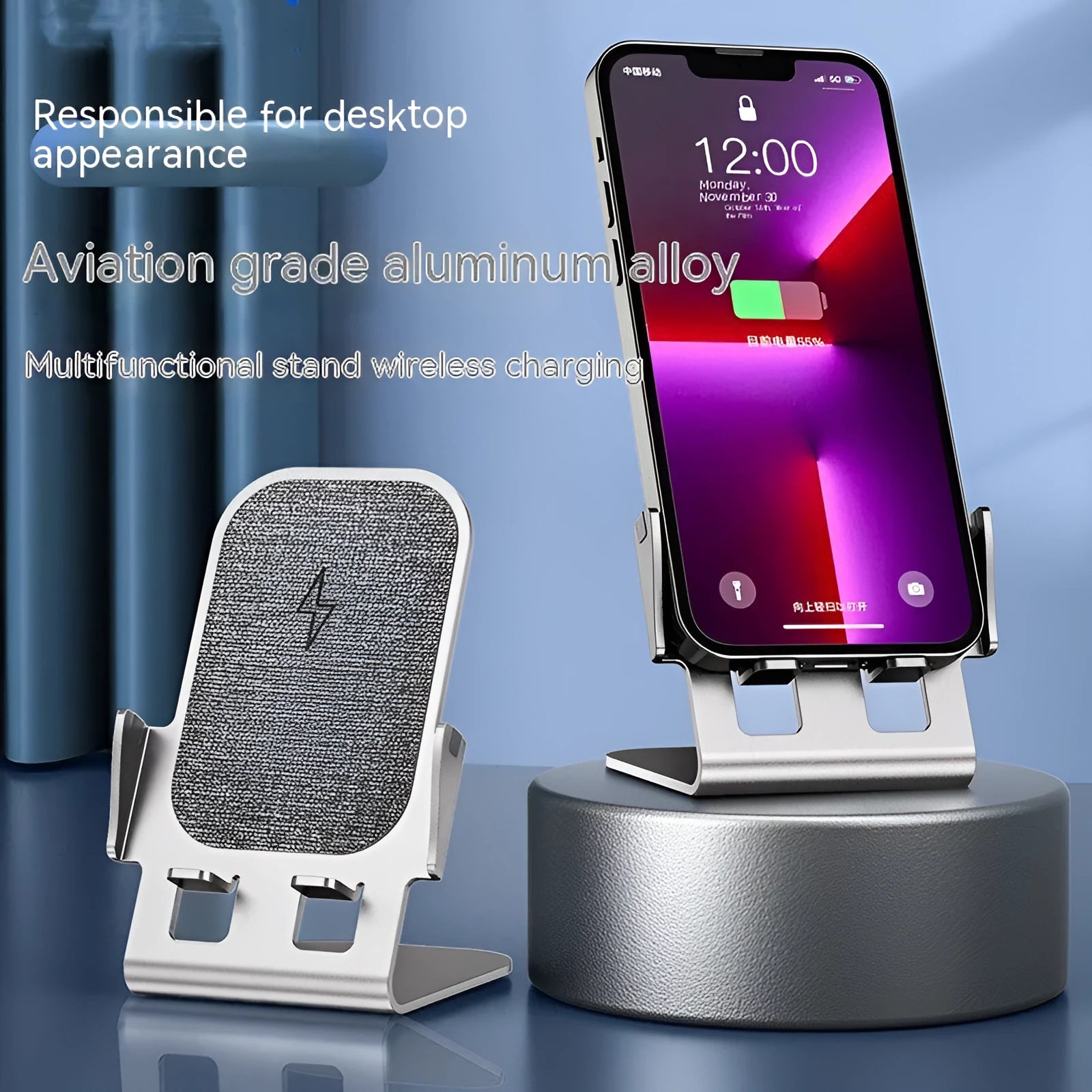 Metal desktop stand wireless charger in silver finish with phone charging on desk