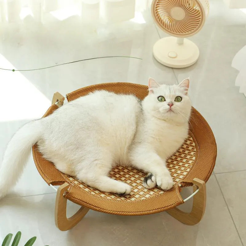 Brown woven rattan cat hammock measuring 46cm with 17.5cm height for elevated pet sleeping