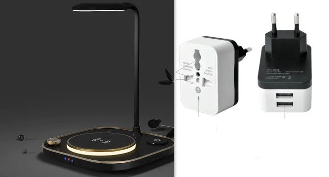 Black wireless charging desk lamp with 15W magnetic pad, Type-C cable, and USB outlet on a wooden desk.