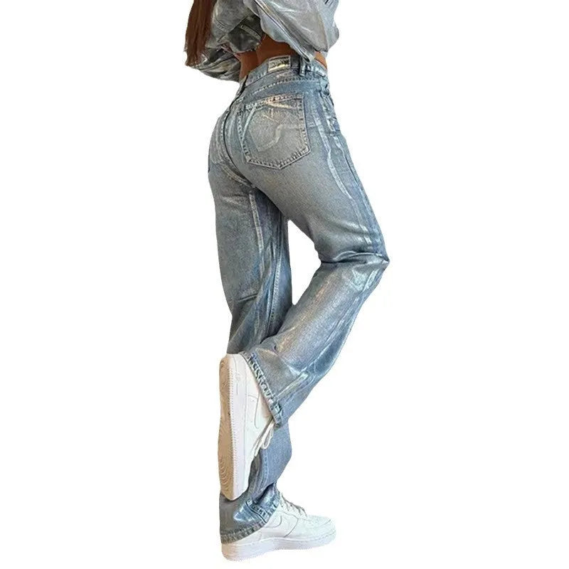 High waisted straight leg jeans in blue, silver or black with contrast colour street hipster style