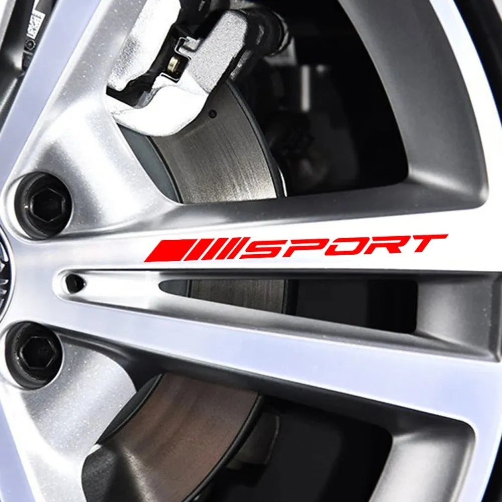 Red hollow pattern car rim sticker shown on alloy wheel, with black and white colour options displayed.