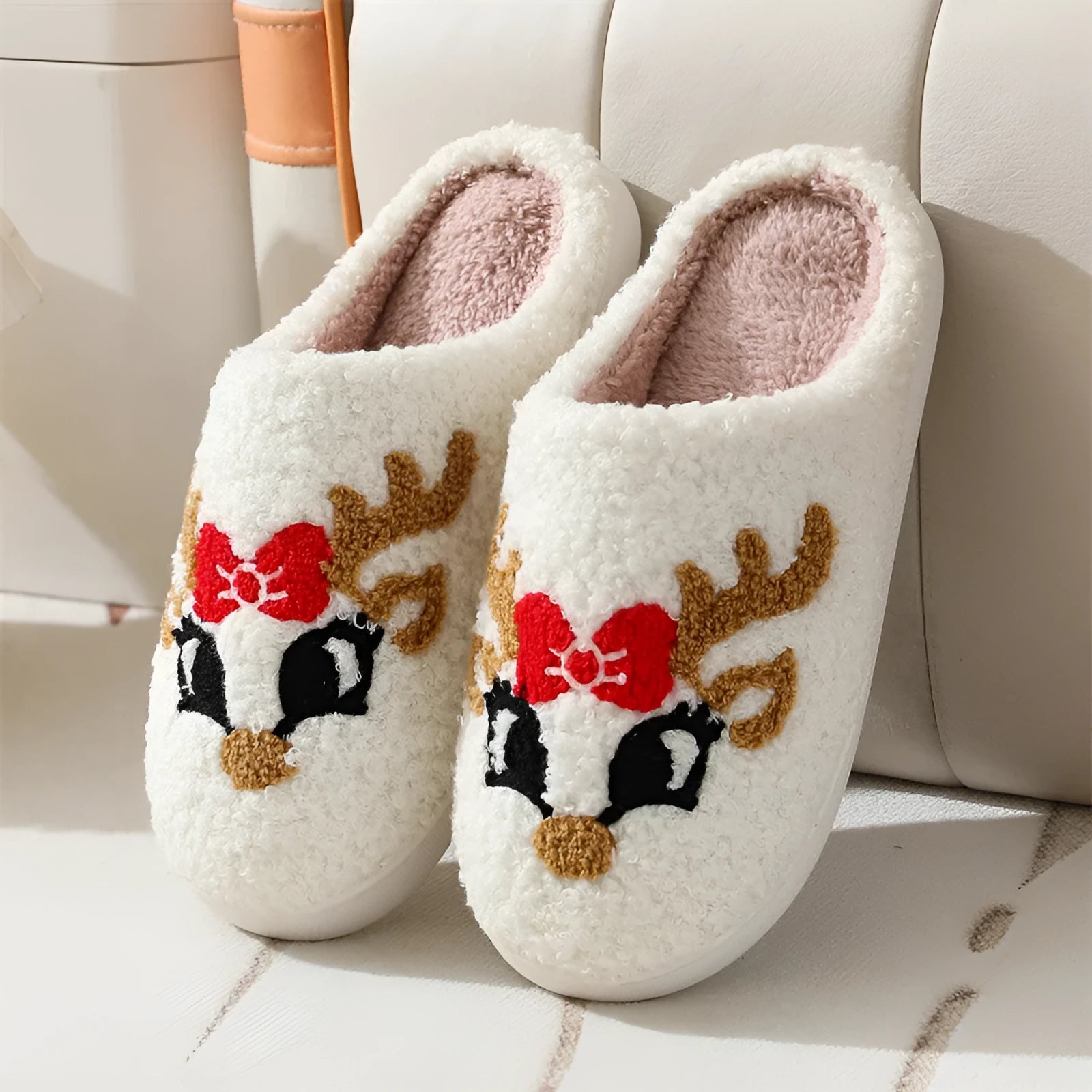 Christmas deer slippers women's indoor non-slip TPR sole plush upper fox colour round toe