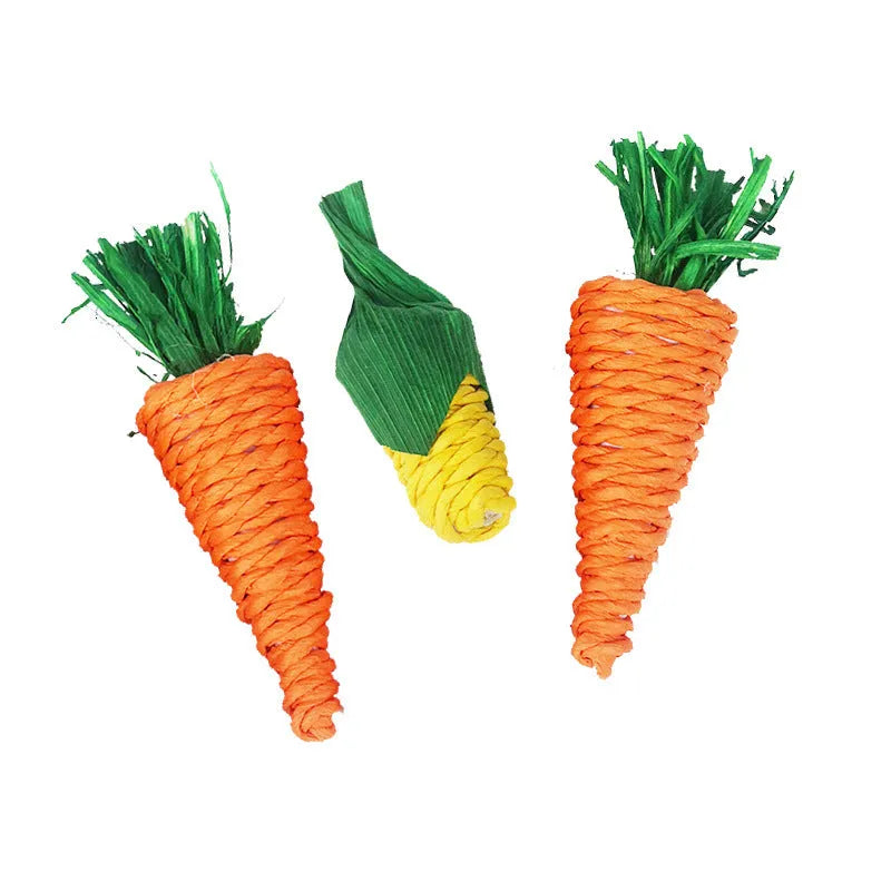 Natural loofah carrot chew toy 20cm for small pets, woven texture on white background