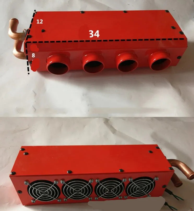 Metal car heater with copper pipe connector for 12V or 24V vehicle installation.