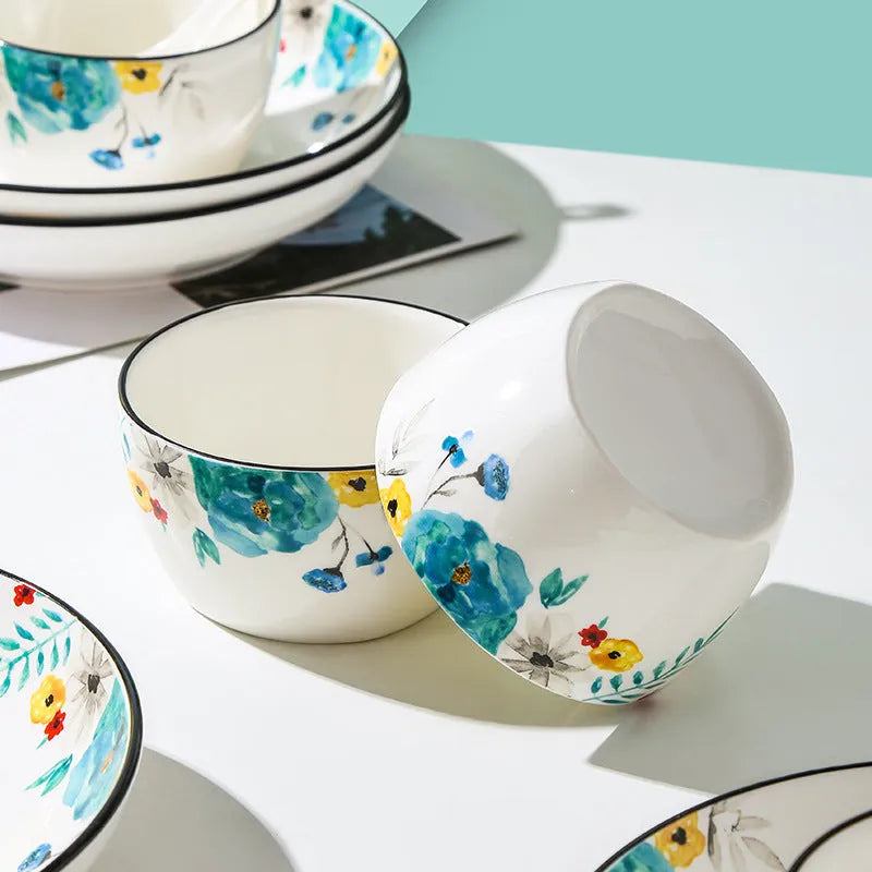 Flower In Ink bone china 22-piece tableware set with floral design, porcelain bowls, spoons, plates