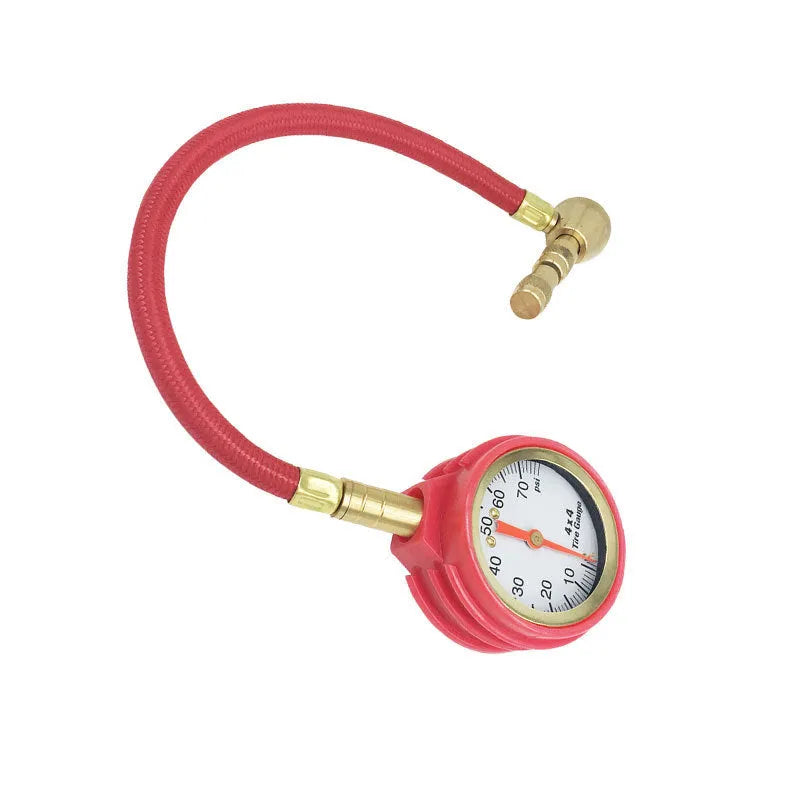 Red and black mechanical tyre pressure gauge with metal body and rubber shell for cars and SUVs.