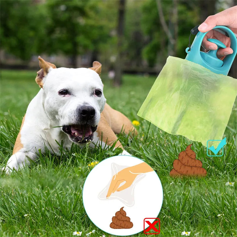 Blue plastic portable dog pooper scooper with built-in bag dispenser and eight-claw shovel
