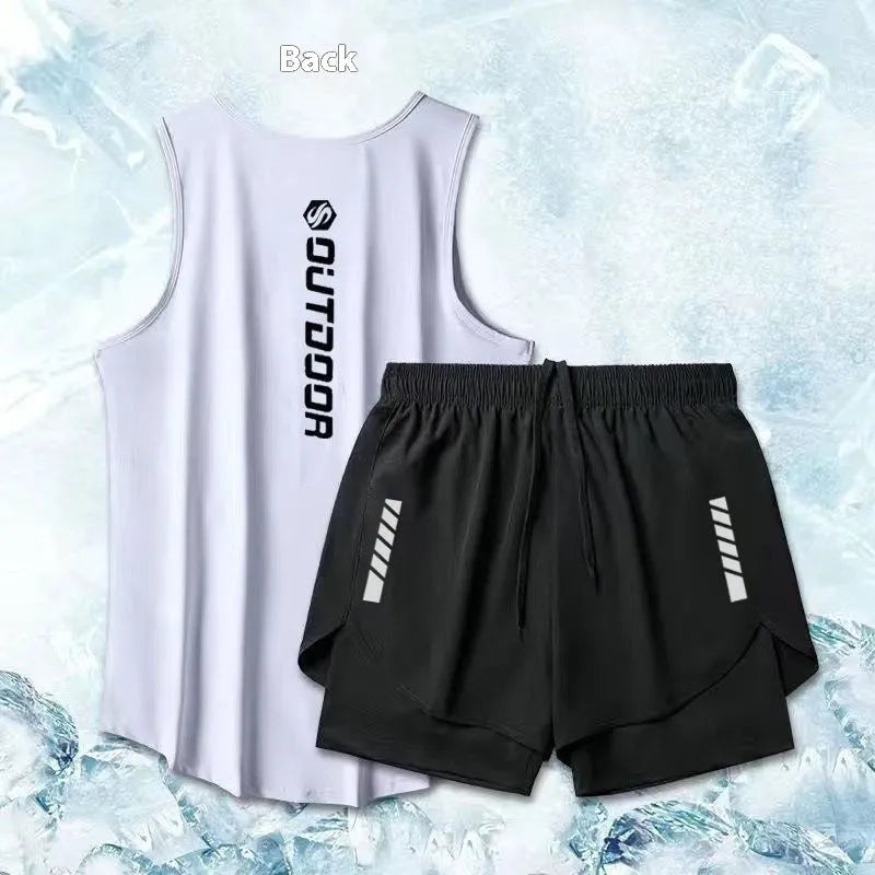 Men's sleeveless sports suit with lyocell fibre top and short skirt in black, white, and grey two-piece options