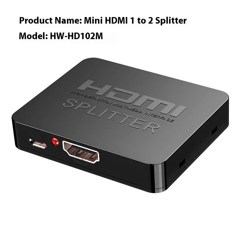 4K HDMI splitter device distributing signal to two displays with choice of US or EU power plug