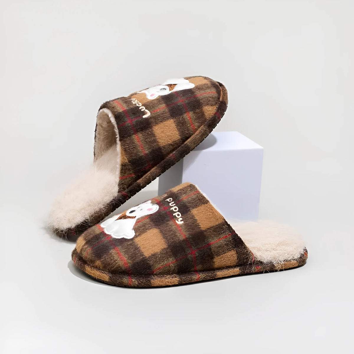 Indoor plush cotton slippers soft fluffy non-slip in chestnut coffee colour