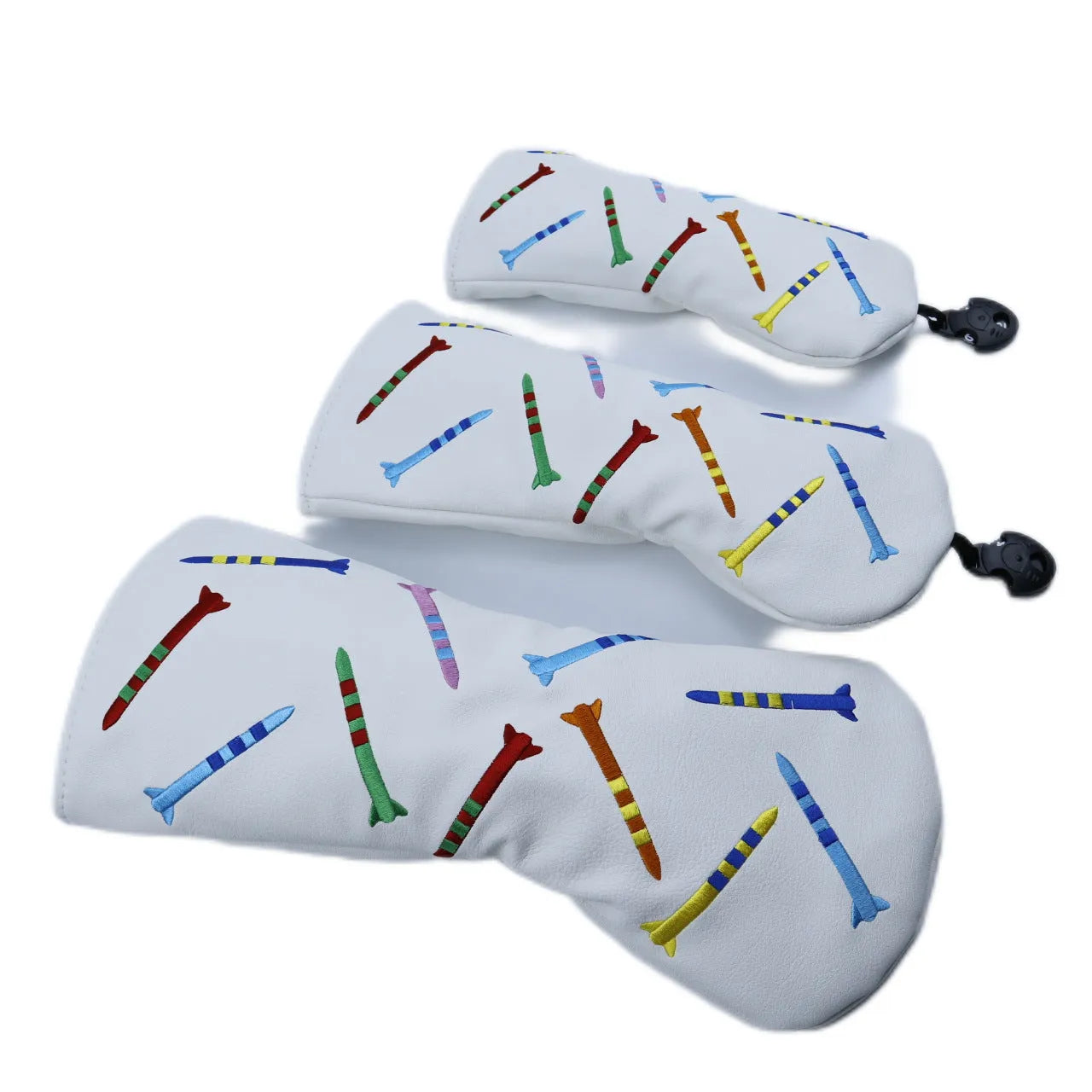 Set of black and white golf club wooden poles in three different sizes for sports and fitness use